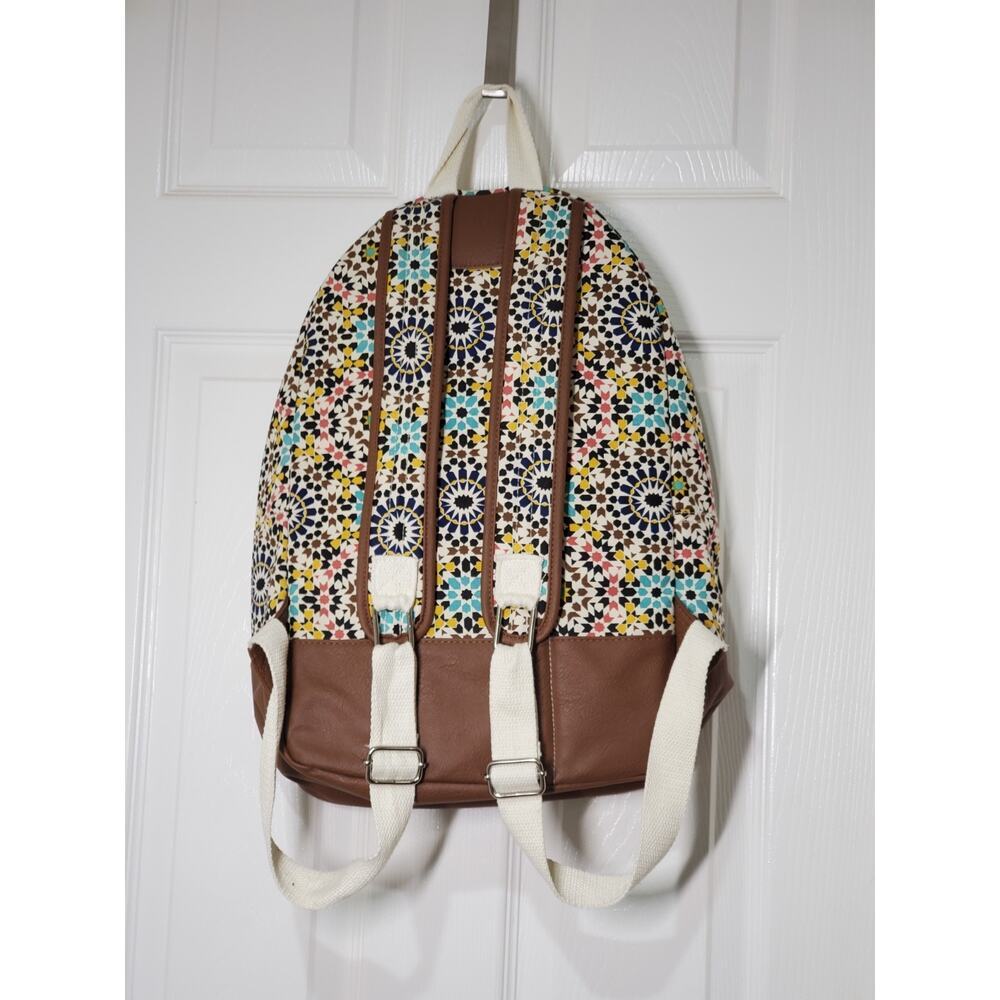 Colorful Mosaic Print Canvas Daypack with Faux Leather Trim & Front Pocket - Picture 4 of 10